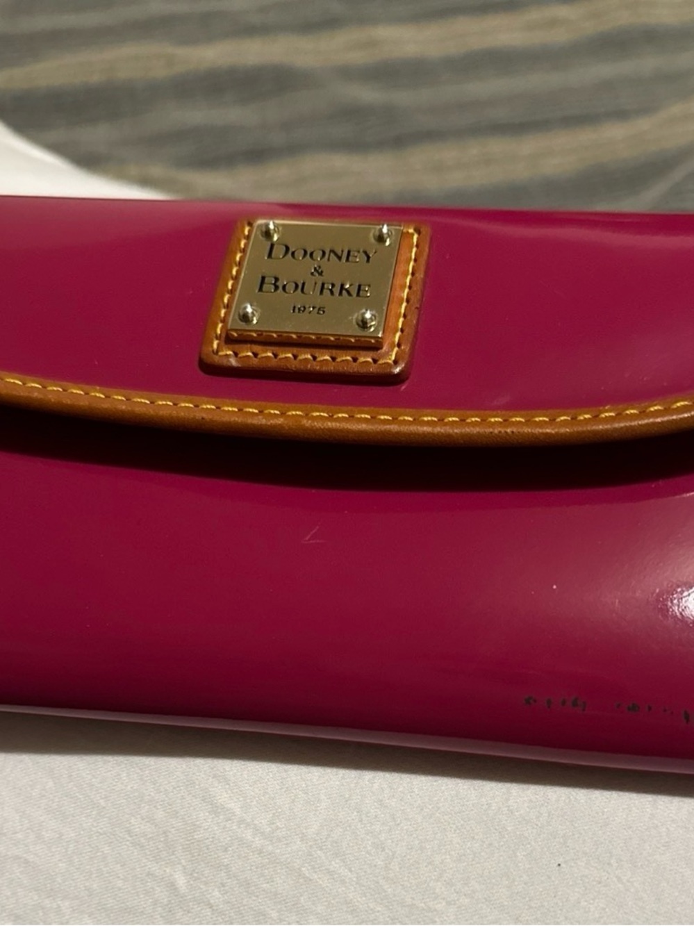 Dooney & Bourke Hot Pink Patent Clutch with Tan Trim